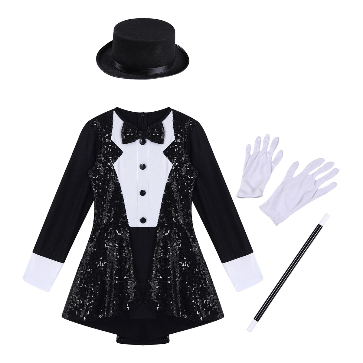 Teen Magician Costume Set Long Sleeve Bow Tie Sequin Leotard + Hat Magic Wand Gloves for Halloween Cosplay Dress Up Performance