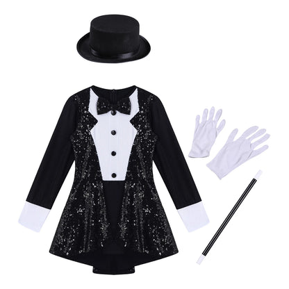 Teen Magician Costume Set Long Sleeve Bow Tie Sequin Leotard + Hat Magic Wand Gloves for Halloween Cosplay Dress Up Performance