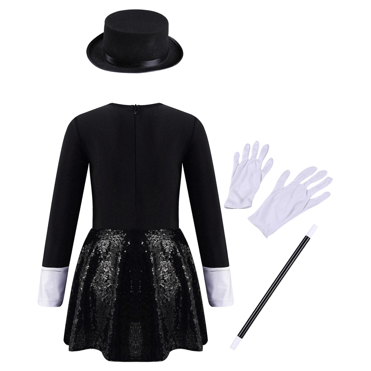 Teen Magician Costume Set Long Sleeve Bow Tie Sequin Leotard + Hat Magic Wand Gloves for Halloween Cosplay Dress Up Performance