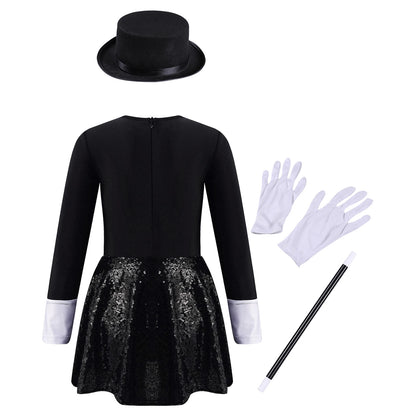 Teen Magician Costume Set Long Sleeve Bow Tie Sequin Leotard + Hat Magic Wand Gloves for Halloween Cosplay Dress Up Performance