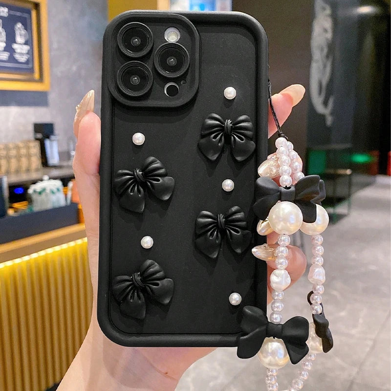Korean 3D Bowknot Pearl Silicone Phone Case For iPhone 18 16 17 Pro 15 14 13 12 11 Pro Max 16E 7 8 Plus With Lanyard Soft Cover