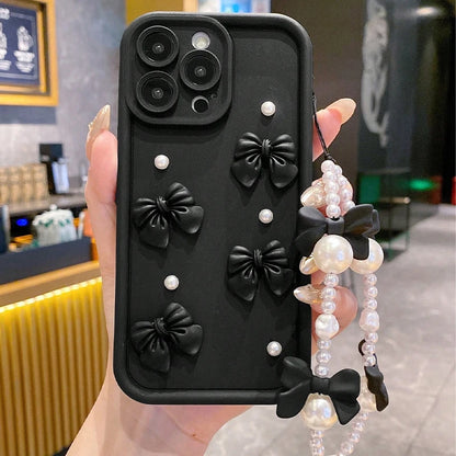 Korean 3D Bowknot Pearl Silicone Phone Case For iPhone 18 16 17 Pro 15 14 13 12 11 Pro Max 16E 7 8 Plus With Lanyard Soft Cover