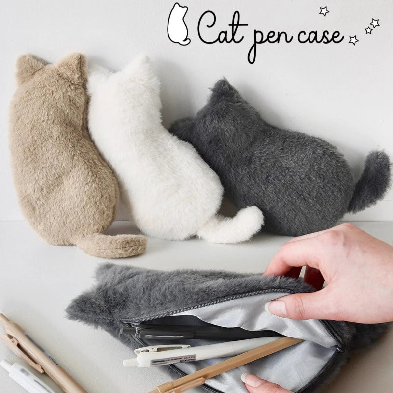 Kawaii Plush cat shaped pen bag with soft touch cute lightweight large capacity stationery storage pen bag multi-purpose storage
