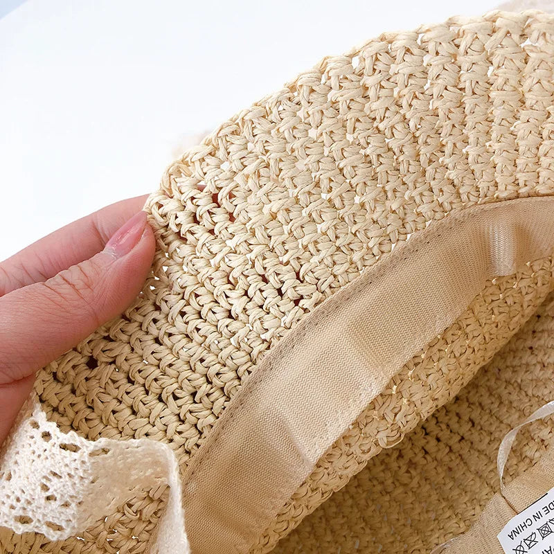 Summer Baby Hat Straw Baby Girl Cap Fashion Lace Bow Beach Children Panama Hat Princess Bonnets for Kids Outdoor Travel Sun Cap