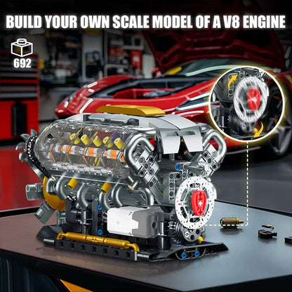 MOC Technik Electrically Driven V8 Engine Model Car Building Blocks Set Creative Educational Toys Christmas Adultd Gifts