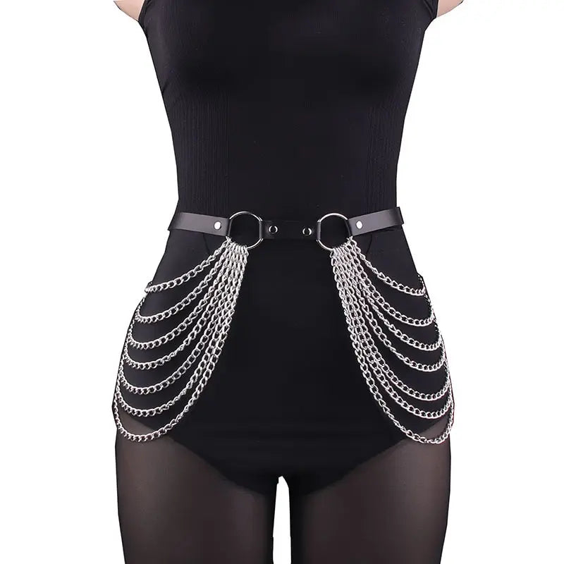 Women Punk Gothic PU Leather Waist‑Thigh Harness Garter Belt, Adjustable Chain Decor Accessory for Rave Festival Halloween Outfi