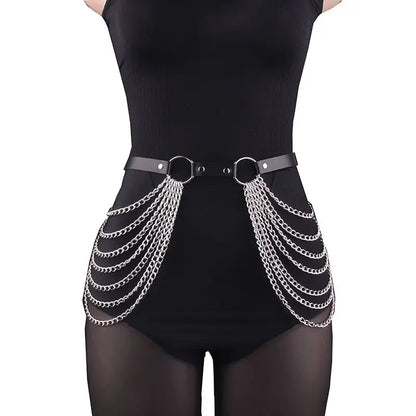Women Punk Gothic PU Leather Waist‑Thigh Harness Garter Belt, Adjustable Chain Decor Accessory for Rave Festival Halloween Outfi