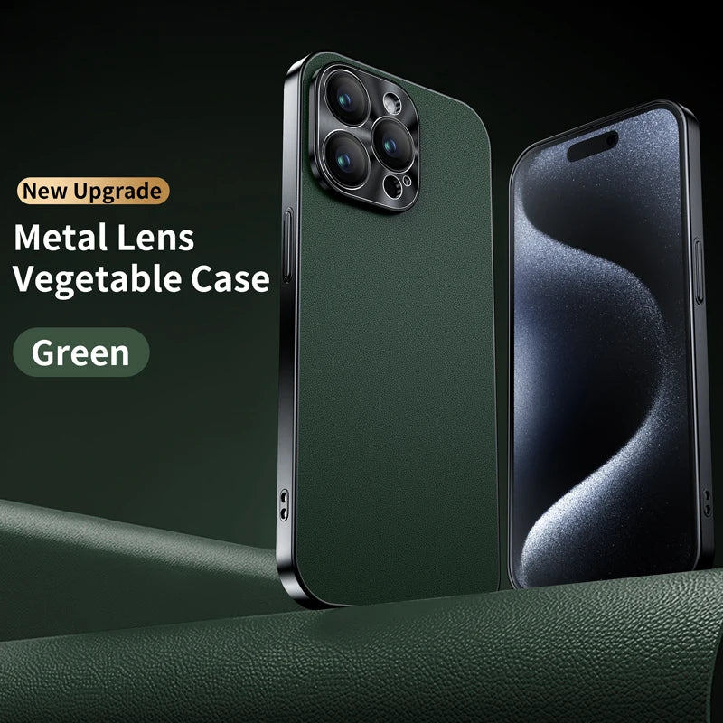 New Luxury Plating Border Solid Color Leather Shockproof Phone Case For iPhone 16 Pro Max 14 12 13 15 Pro Max Bumper Back Cover