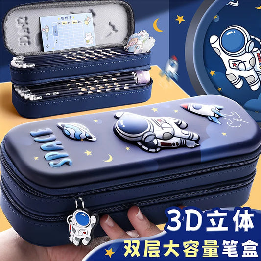3D Astronaut Pencil Case Boys Stationery New Popular Student Double-layer Large Capacity Waterproof Pink Rabbit