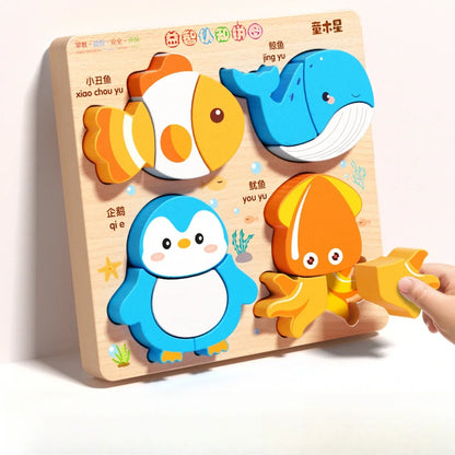 Montessori Cartoon 3D Wooden Puzzle Animal Traffic Jigsaw Toys for Kids Early Learning Educational Cognitive Game Children Gifts