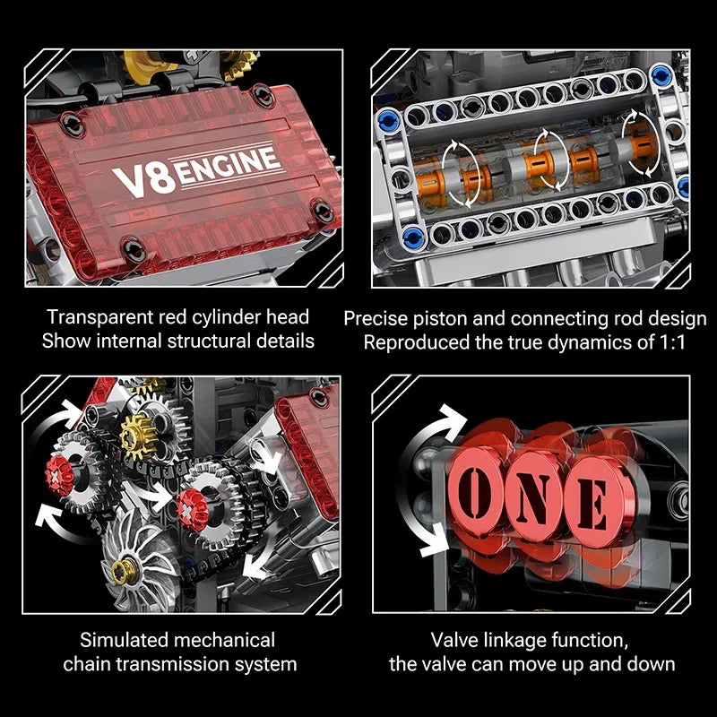 Brick V8 Engine Motorized Simulation Model Electrically Drive Building Blocks Technical Car Parts Creative Toys Gifts Boys Adult