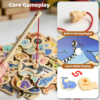 Wooden Magnetic Fishing Toy Montessori Marine Cognition Hand Eye Coordination Kids Early Educational Parent Child Birthday Gifts