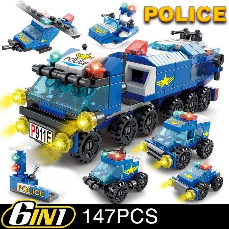 6in1 Police Sports Car Fire Engine Mini Loader Truck Plane Classic City Model Building Blocks Set Bricks Toy Gift for Kids