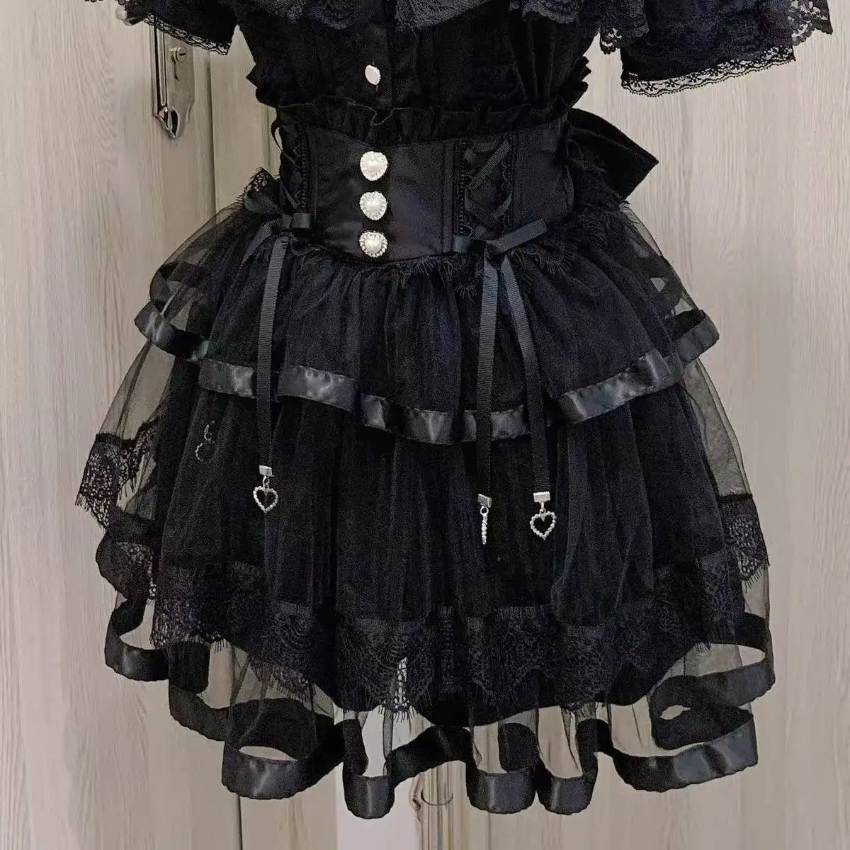 Japanese Sweet Lolita Style Mini Skirt Women Elegant Lace Bandage Party Cake Skirts Female Gothic Y2k Metal Buckle Skirt