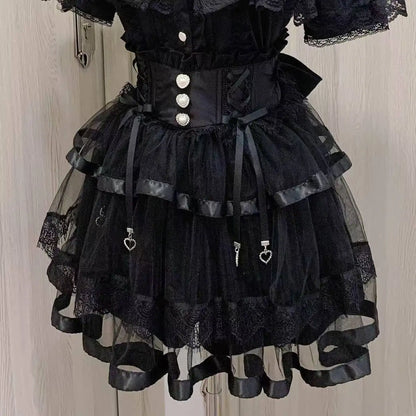 Japanese Sweet Lolita Style Mini Skirt Women Elegant Lace Bandage Party Cake Skirts Female Gothic Y2k Metal Buckle Skirt