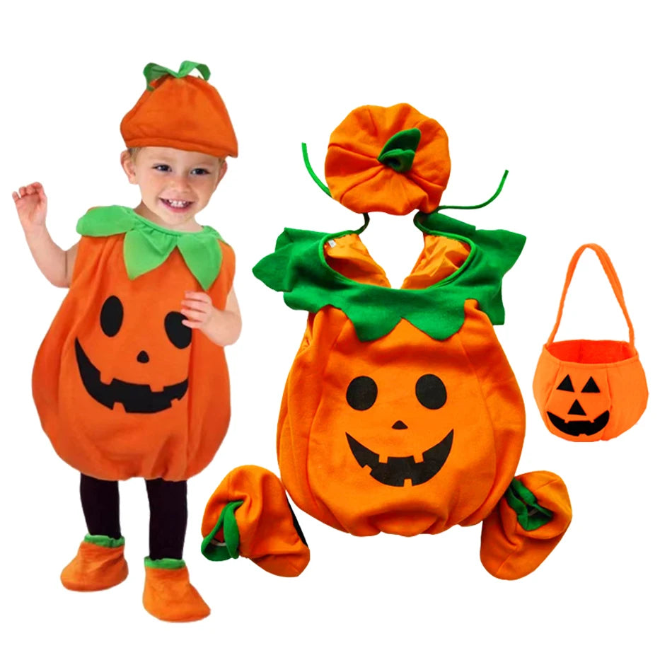 Kids Pumpkin Costume with Hat Boys Girls Halloween Cosplay Costume Children Cosplay Stage Performance Party Clothing