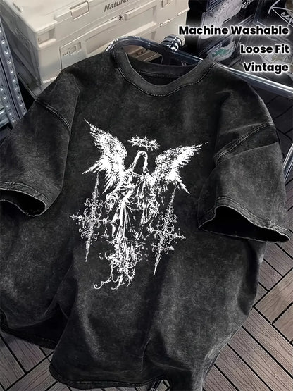 Men's Gothic Heavyweight Cotton T-Shirt - Drop Shoulder Oversized Streetwear Tee with Dark Angel Graphic