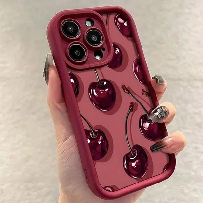 Luxury Wine Red Cherry Print Case for iPhone 18 Pro Max 17 16 15 14 13 12 11 7 8 Plus Air 16e X XR XS Shockproof Silicone Cover