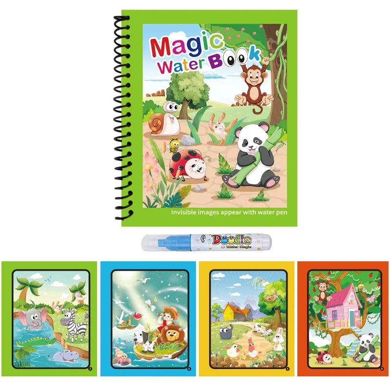 1PC Children's Watercolor Painting Magic Book with Refillable Water Pen for Children Animal Cartoon Painting Book Education Toys