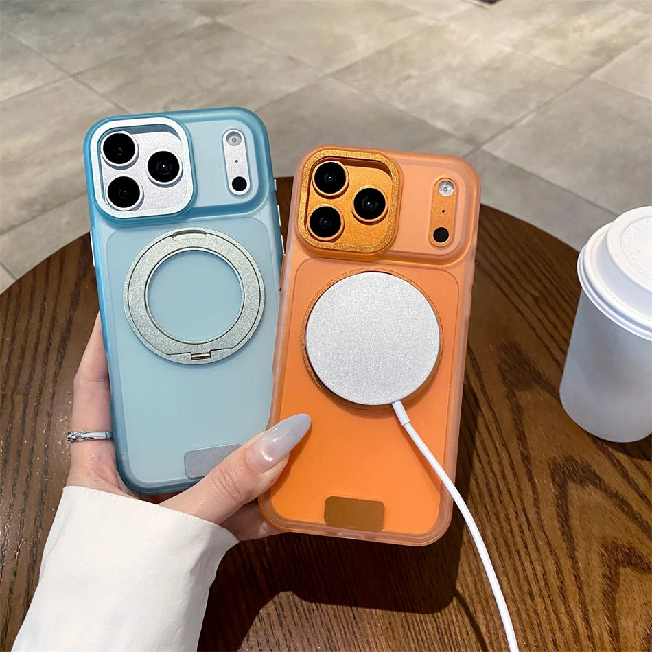 Luxury 360 Rotating Magnetic Stain-resistant Case For iPhone 17 18 Pro Max Shockproof TPU Hybrid PC For Magsafe Stand Cover