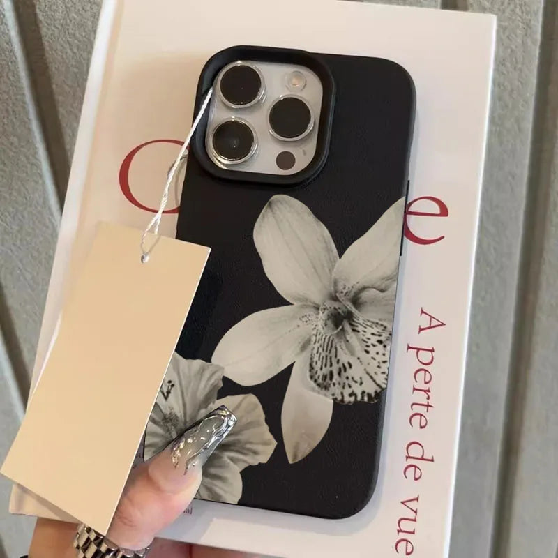 Black & White Floral Pattern Phone Case For iPhone 17 16 15 14 Pro Max 12 11 13 16 Plus Lichee Pattern Soft TPU Cover