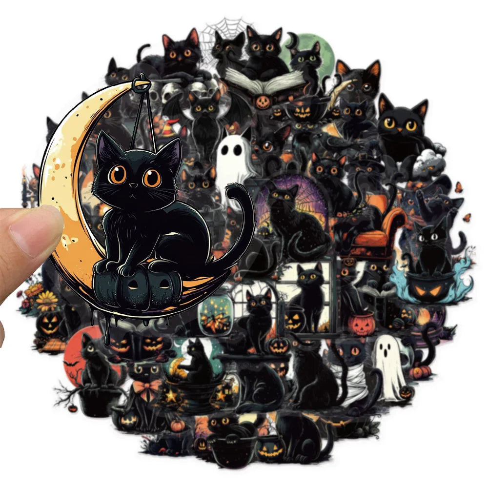 50PCS Halloween Cute Black Cat Creative Graffiti Stickers DIY Luggage Notebook Water Cup PET Waterproof Stickers