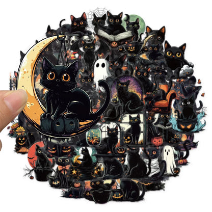 50PCS Halloween Cute Black Cat Creative Graffiti Stickers DIY Luggage Notebook Water Cup PET Waterproof Stickers