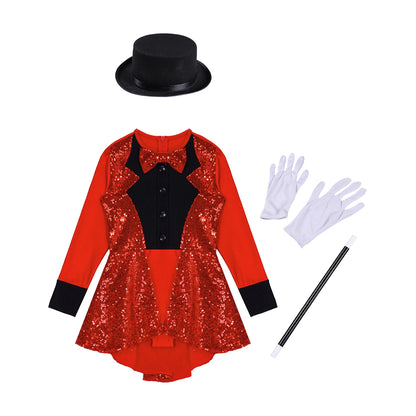 Teen Magician Costume Set Long Sleeve Bow Tie Sequin Leotard + Hat Magic Wand Gloves for Halloween Cosplay Dress Up Performance