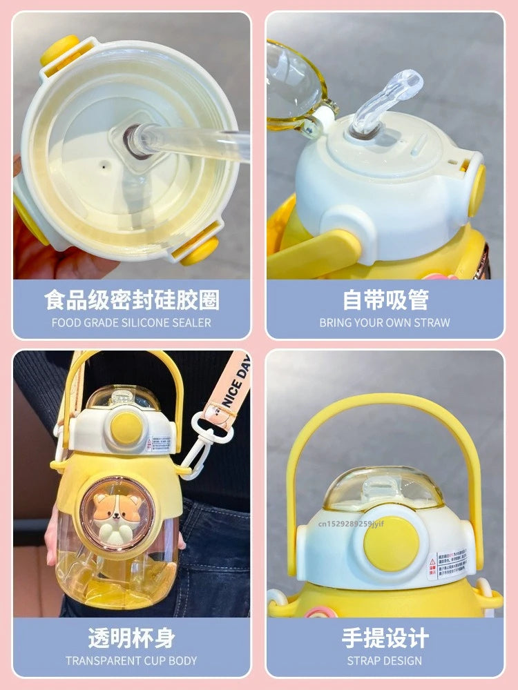 820ml Kids Water Sippy Cup Cartoon Water Bottle with Straw and Handle Portable Drinking Bottle Cup for Children Student School