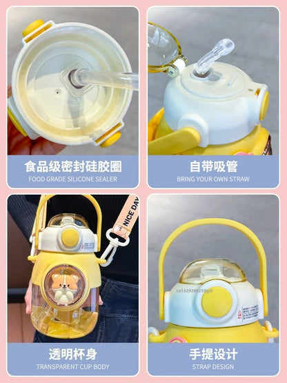 820ml Kids Water Sippy Cup Cartoon Water Bottle with Straw and Handle Portable Drinking Bottle Cup for Children Student School