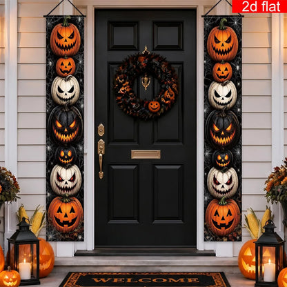 Halloween Porch Vertical Banner Set Scary Jack O Lantern Pumpkin Spider Web Hanging Sign for Outdoor Halloween Party Decor