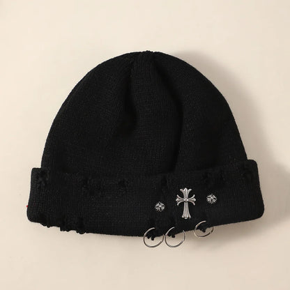 New Unisex Knitted Beanie With Devil Horns Halloween Distressed Skull Cap Hip Hop Winter Warm Yarn Hat For Men Women