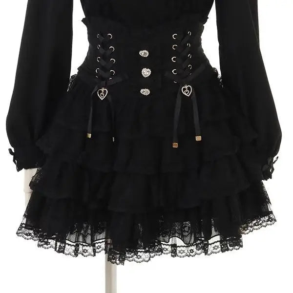 Japanese Sweet Lolita Style Mini Skirt Women Elegant Lace Bandage Party Cake Skirts Female Gothic Y2k Metal Buckle Skirt