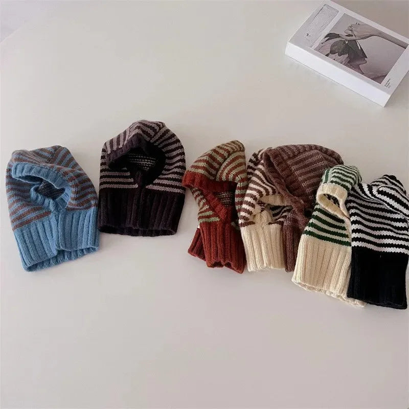 Homefish Winter Korean Fashion Children Baby Knit Hooded Scarf Caps Warm Stripe One Piece Hat Kids Accessories