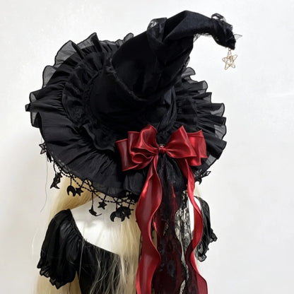 Lace Velvet Witch Hat with Lace Trim and Moon Pendant for Halloween Costume Party Masquerade Cosplay Party Accessory