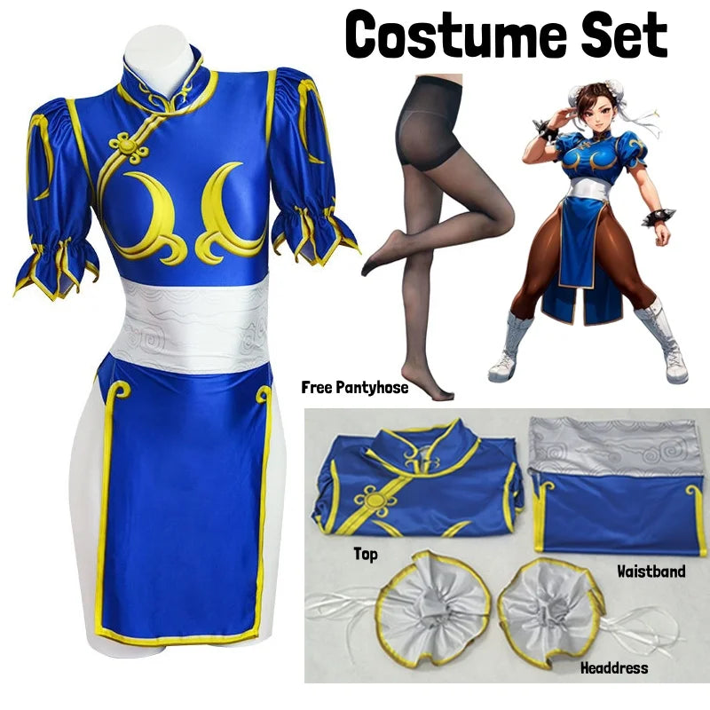 Women's Street Fighter Chun Li Cosplay Costume Game Fighter Chunli Blue Cheongsam with Headdress and Waistband Halloween Costume