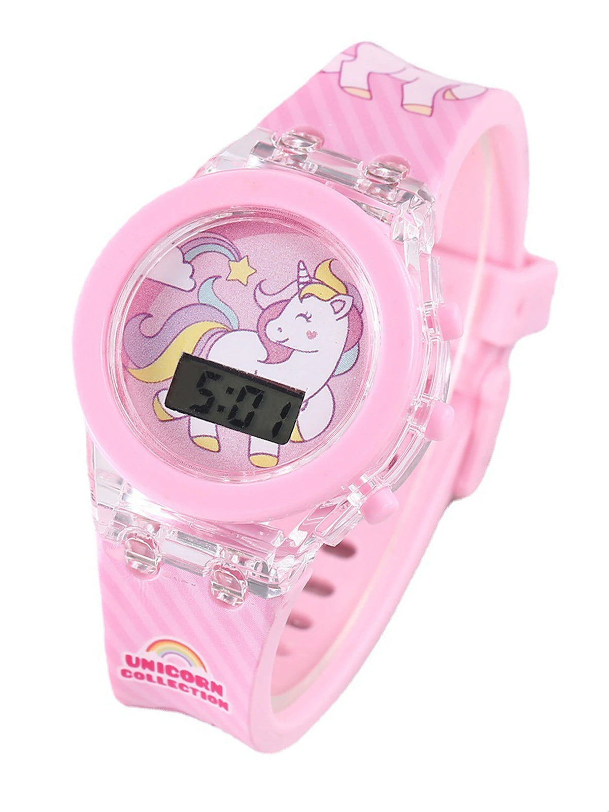 2PCS pink Unicorn silicone children's electronic watch and acrylic unicorn beaded bracelet set as a gift for children