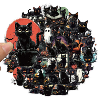 50PCS Halloween Cute Black Cat Creative Graffiti Stickers DIY Luggage Notebook Water Cup PET Waterproof Stickers