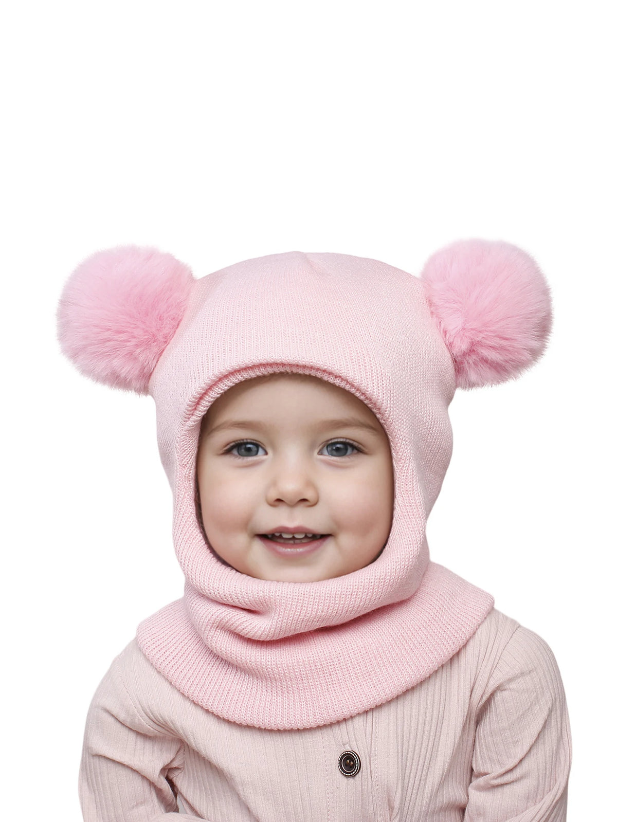 3-12Y autumn and winter double-ball pullover cap, children's double-ball ear-protecting one-piece cap, solid-color cute woolen o