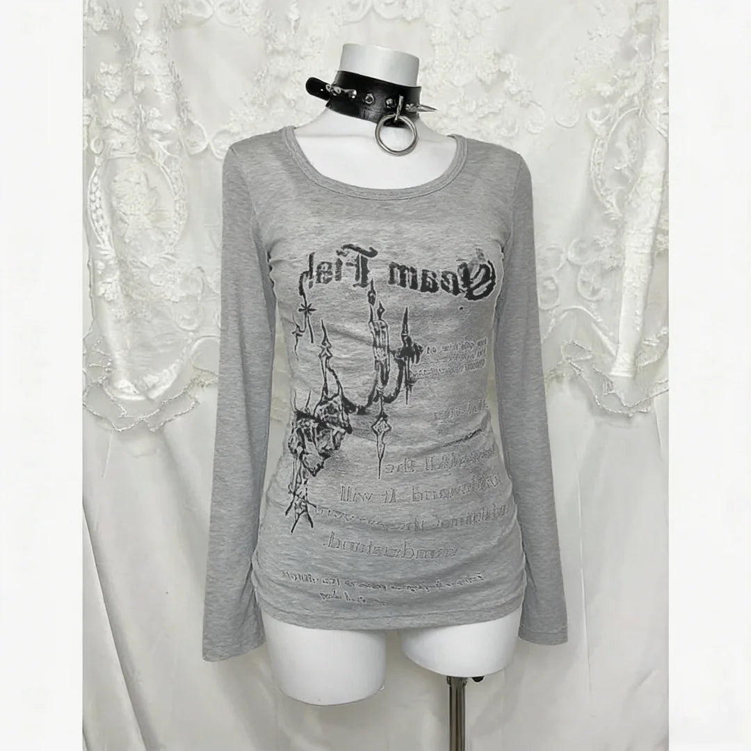 2000s American Vintage Gothic Black Women T-shirts Punk Style Graphic Grunge Tshirts Harajuku Y2k Long Sleeve Tops Streetwear