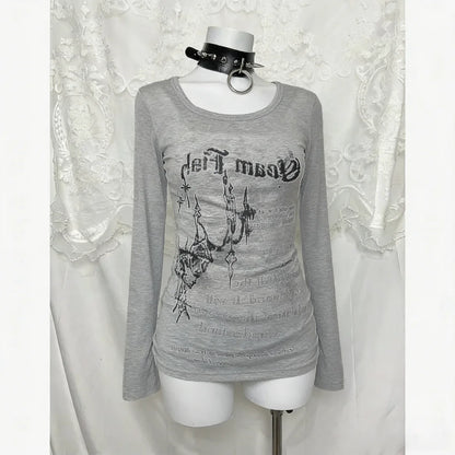 2000s American Vintage Gothic Black Women T-shirts Punk Style Graphic Grunge Tshirts Harajuku Y2k Long Sleeve Tops Streetwear