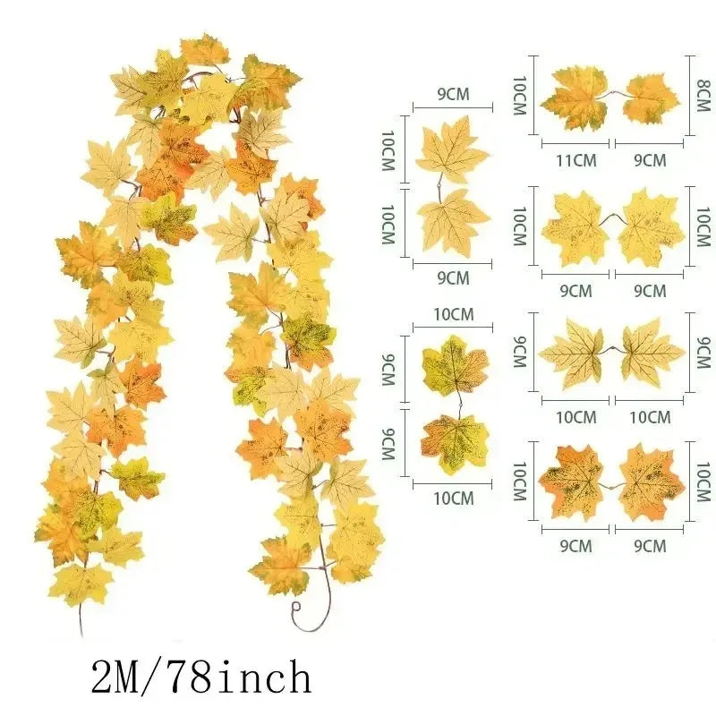 200CM Autumn Artificial Maple Leaf Wreath Fake Leaf Plant Vine Home Decor Garden Halloween Wall Outdoor Doors Windows Decoration