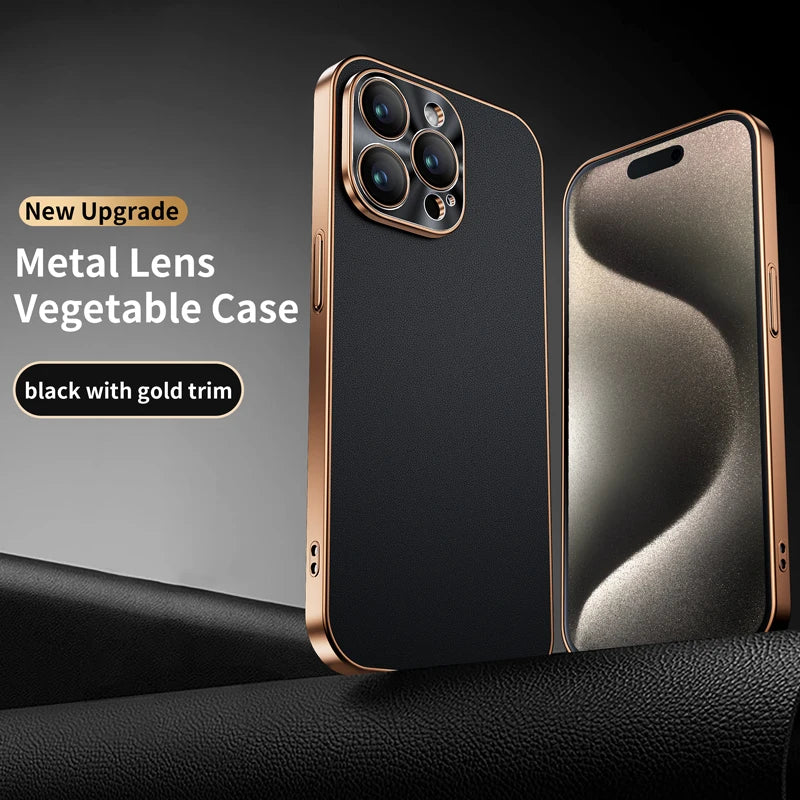 New Luxury Plating Border Solid Color Leather Shockproof Phone Case For iPhone 16 Pro Max 14 12 13 15 Pro Max Bumper Back Cover
