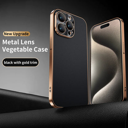 New Luxury Plating Border Solid Color Leather Shockproof Phone Case For iPhone 16 Pro Max 14 12 13 15 Pro Max Bumper Back Cover