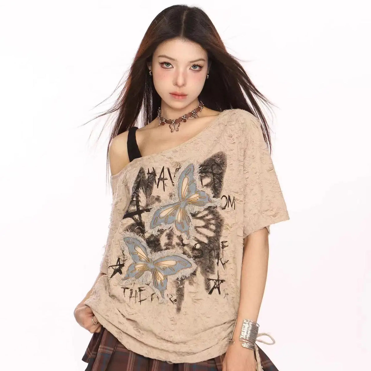Y2k Gothic Grunge Dark Hollow Out T Shirt Women Harajuku Hollow Out Off Shoulder Sexy Tees Autumn Punk Letter Print Tops New