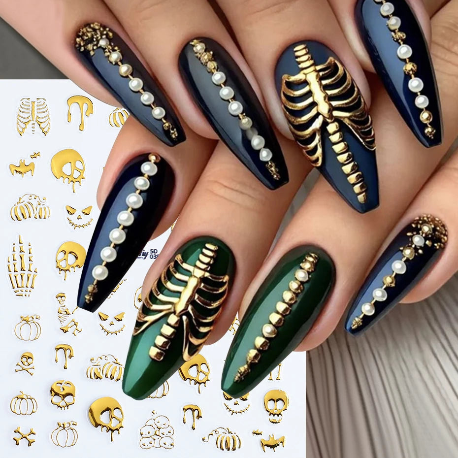 4 pcs 5D Embossed Gothic Skeleton Bones Nail Decals Horror Pumpkin Evil Smile Nail Stickers Y2K Halloween Carnival Nail Supplies