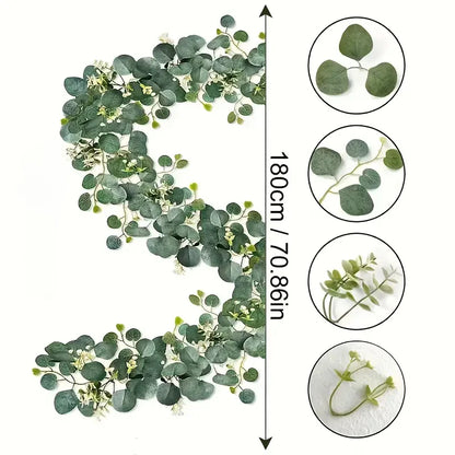 Lush 70.8" Faux Eucalyptus Garland With White Flowers - Perfect For Home & Holiday Decor, Wall Hanging, Yard, And Party Accents