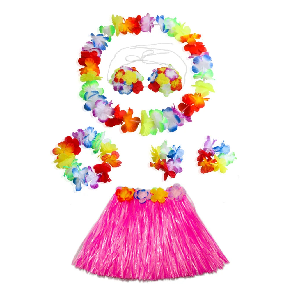 Hawaiian Dance Child Skirt with Leis Costume, Elastic Luau Grass, Hawaiian Flower Bracelets, Headband, Necklace, 40cm, 5pcs 6Pcs