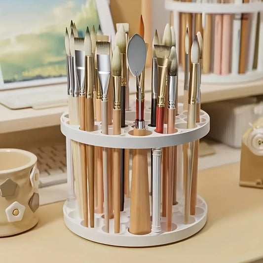 360° Rotating Brush Holder - White Plastic Organizer with Glaze Finish, Space-Saving Design for Art Brushes, Pens, Makeup Tools