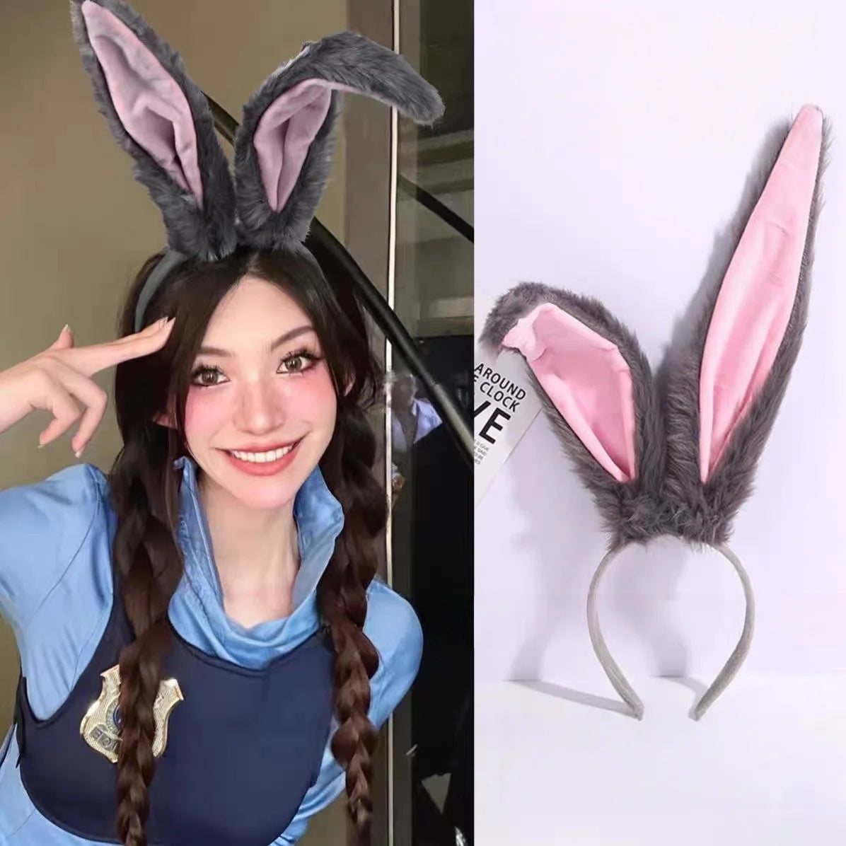 1PCFurry Bunny Ears Headband, Grey&Pink Plush Rabbit Ear Hair Hoop, Cosplay Costume Accessory For Halloween Party Hair For Women